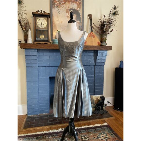 Carmen Marc Valvo Collection 8 Metallic Slate Blue Jacquard Silk Dress Lined - Picture 1 of 16